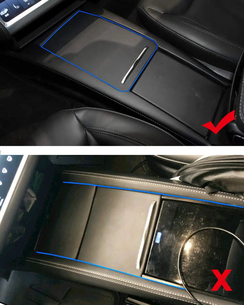 Top and bottom view of Tesla Model S X Center Console Organizer With Armrest Storage Box And Cup Holder For 2016 To 2021 Models.
