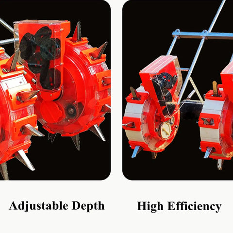 Portable Manual Seeder With Double Row Seed Spreader For Garden Use showing adjustable depth and high efficiency features.