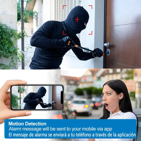 Ultra Mini WiFi Spy Camera Hidden Nanny Cam With Motion Detection And Night Vision Full HD Video For Home Security Portable Tiny Surveillance, capturing motion detection alert on phone and surprised woman response.