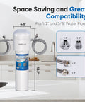 Under Sink Water Filter System With 22,000 Gallons Capacity For Home Use, showing dimensions and compatibility with 1/2 and 3/8 pipes.