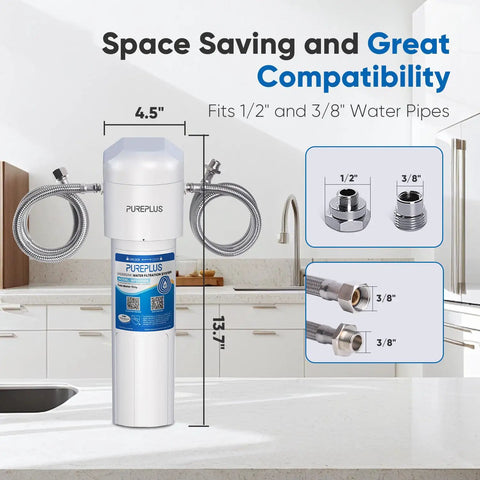 Under Sink Water Filter System With 22,000 Gallons Capacity For Home Use, showing dimensions and compatibility with 1/2 and 3/8 pipes.