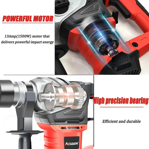 Beast Mode Heavy Duty Rotary Hammer Drill With Vibration Control And Safety Clutch, 13 Amp SDS Plus Demolition Hammer For Concrete, Includes 3 Drill Bits And Flat And Point Chisels, 1-1/4 Inch Capacity