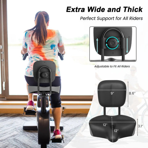 Oversized Bike Seat With Adjustable Backrest For Bicycles Tricycles And Exercise Bikes 12 By 12 Padded Saddle With Memory Foam Ultra Cush Comfort Shock Absorption Waterproof PU Fits Most Standard Seat Posts shown on exercise bike