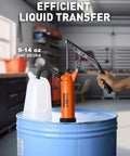 Heavy Duty 55 Gallon Drum Pump For Def Fluid Transfers And Barrels With Grippy Handle Design Built Tough For The Daily Grind And Smooth Auto Shop Work Delivers Reliable 9 To 14 Oz Per Stroke Performance, shown mounted on a blue barrel with a white container.