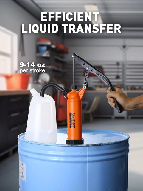 Heavy Duty 55 Gallon Drum Pump For Def Fluid Transfers And Barrels With Grippy Handle Design Built Tough For The Daily Grind And Smooth Auto Shop Work Delivers Reliable 9 To 14 Oz Per Stroke Performance, shown mounted on a blue barrel with a white container.