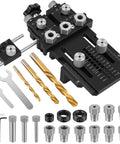 Self Centering Dowel Jig Kit With 1/4 3/8 1/2 Drill Bushings for Flawless Woodworking Joints, includes tools and bushings.