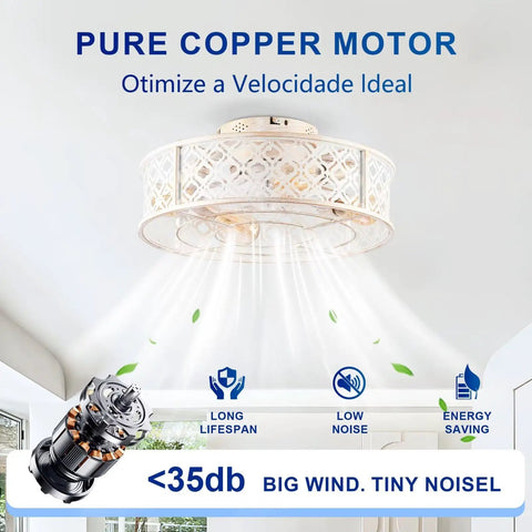 20" Flush Mount Caged Ceiling Fan with Remote, Retro White Floral Iron Low Profile Fan Light Fixture, Bulbs Not Included with pure copper motor.