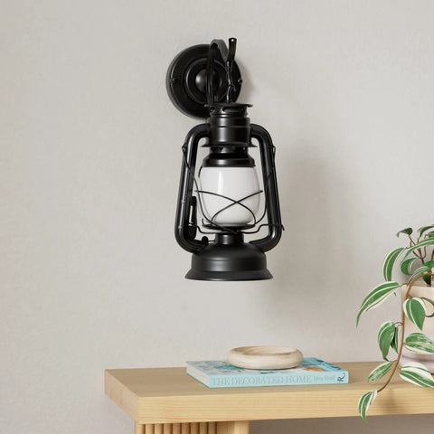 Black Plug In Wall Sconce Lamp With E27 Base Metal Glass Shade Cozy Soft Light For Living Room Bedroom Bedside And Hotel Home Decor Energy Saving Lantern Style Wall Light mounted on wall.