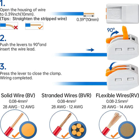 Instruction steps for using 141 Piece Lever Wire Connectors Kit For Solid, Stranded And Flexible Wires 28 12 AWG Orange