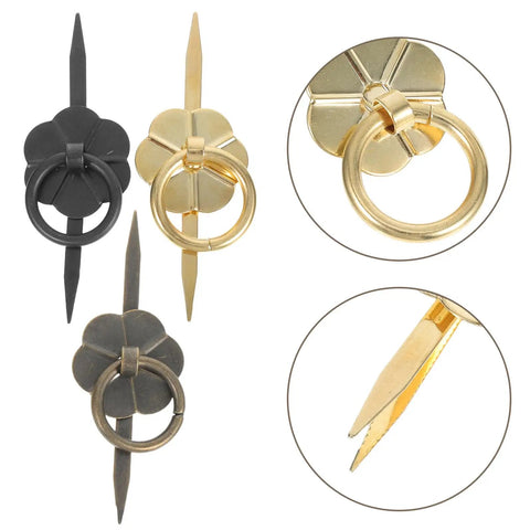 Vintage Round Metal Drawer Pulls Set Of 15 For Cabinets displayed in black and gold finishes, side and close-up views.