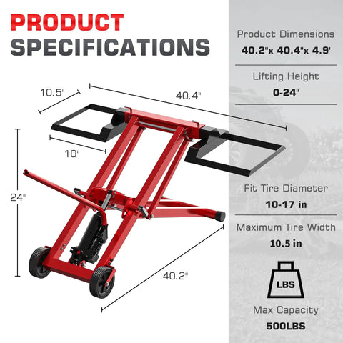 Betisef 500 Lb Hydraulic Mower Lift Jack For Lawn Tractor with specifications including 40.2x40.4x4.9 inch dimensions.