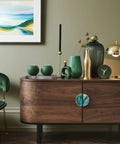 2 Pack Teal Fluid Art Cabinet Pulls With Gold Dust on modern wood cabinet in stylish living room with decor