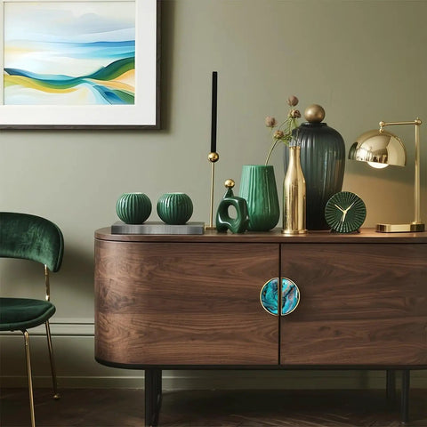 2 Pack Teal Fluid Art Cabinet Pulls With Gold Dust on modern wood cabinet in stylish living room with decor
