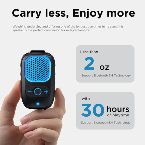 Wearable Bluetooth Speaker With All Day Battery Life And Clip On Convenience For Job Sites Water Resistant Pro Portable Speaker With Built In Mic For Hands Free Music And Calls Blue Non Magnet held in hand