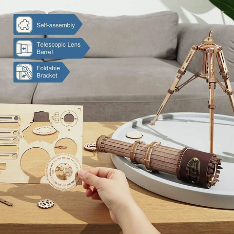3D Wooden Puzzle Model Building Kit For Adults, DIY Wood Monocular Telescope Kit With Seaspray Pattern And Leather Nameplate, Realistic Mini Telescope Science Gift For Enthusiasts. Wooden telescope kit parts and assembled model