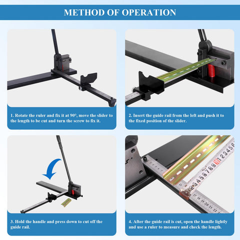 Step-by-step operation of Pro Grade Manual DIN Rail Cutter For Aluminum Guide Rails 35mm Wide With Measuring Ruler, Precise Cutting Tool