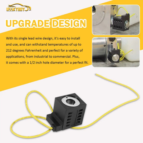 Solenoid Coil 10V DC 25W For Valve Stem Series 08 80 88 98 In Hydraulic Power Unit Lift Dump Systems Built Tough For Dump Trailers Snow Plows Hoists Haulers And More with wire and 1/2 inch hole shown.
