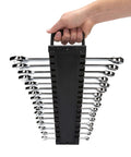 Person holding 16-Piece Metric 6-Point Wrench Set With Full Polish Chrome Finish, Built Tough From Chrome Vanadium Steel, in a black holder