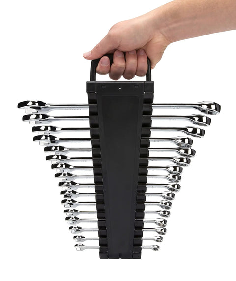 Person holding 16-Piece Metric 6-Point Wrench Set With Full Polish Chrome Finish, Built Tough From Chrome Vanadium Steel, in a black holder