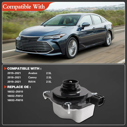 Hella Reliable Electric Coolant Water Pump Swap Compatible With Toyota Camry And Avalon 2018 Through 2021 2.5 Liter Engine Cooling Assembly positioned against a car backdrop.