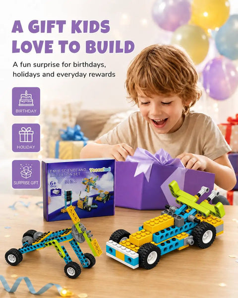 Hands On 50 In 1 STEM Science Kit For Kids Ages 8 12 Motorized Building Toy For Boys And Girls Educational Engineering Set Birthday Gift, child opening gift box with built models