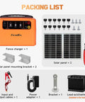 Packing list showing 30 Miles Solar Electric Fence Charger For Livestock With Adjustable 6KV To 12KV Output, 1.5 Joule Pulse