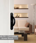Pocket Door Pull Swivel Handle With Concealed Hardware And Quick Install Kit In Black Finish installed on modern sliding door
