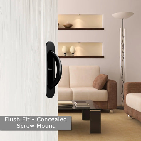 Pocket Door Pull Swivel Handle With Concealed Hardware And Quick Install Kit In Black Finish installed on modern sliding door