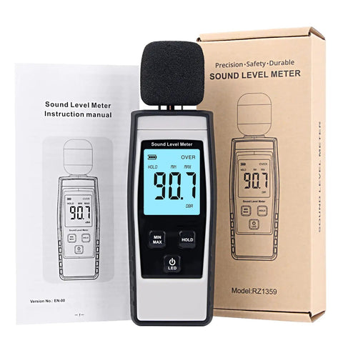Portable Decibel Meter With 30 To 130 dB Range, Easy To Read SPL Meter For Home Studio, Office Or On The Go, Digital Noise Meter With Battery Included, Real Time Sound Monitoring For Noise Control And Compliance. Sound level meter with LCD, manual, and box.
