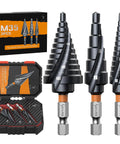 Three Piece Unibit Step Drill Bit Set Built For Beastly Durability M35 Cobalt TiAlN Coated Spiral Cone Bits displayed with case