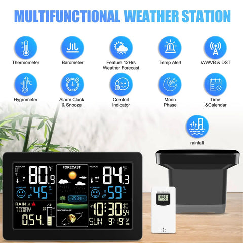 All In One Weather Station With Rain Gauge And Wireless Indoor Outdoor Sensors, Digital Thermometer Barometer Hygrometer, Atomic Clock, Real Time Forecasts And Alerts For Home Garden displayed with icons and features listed