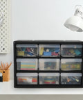 Top Shelf Nine Drawer Plastic Storage Cabinet With Easy Adjust Dividers For No Sweat Organization Small Parts Sorting Craft Supplies And Wall Mount Desktop Tool Box filled with assorted craft supplies.