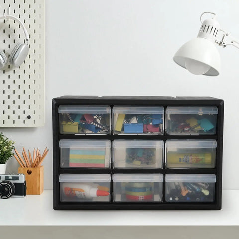 Top Shelf Nine Drawer Plastic Storage Cabinet With Easy Adjust Dividers For No Sweat Organization Small Parts Sorting Craft Supplies And Wall Mount Desktop Tool Box filled with assorted craft supplies.