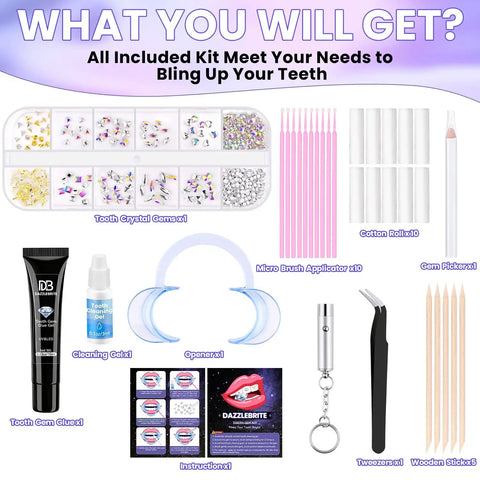 Tooth Gem Kit for Teeth Beginners with Colorful Crystal Gems and Essential Tools displayed with components labeled.