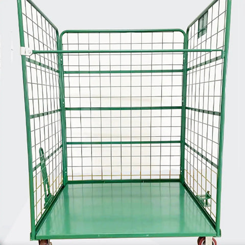 Side Opening Foldable Mesh Rolling Cage Cart for Warehouse Use a Real Workhorse Heavy Duty Dolly Trolley with Easy Access Door Space Saving Cage Cart for Quick Loading Unloading and Transport of Boxes and Packages, green steel mesh