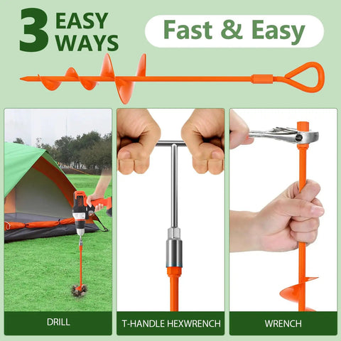 Diagram showing 18 Inch Beefy Duty Ground Anchors Screw In Kit with T Handle Hex Wrench for tents and outdoor use, orange color