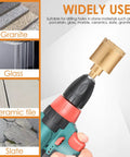 Hefty 12 Piece Diamond Hole Saw Kit With Full Drill Bit Set Designed For Smoothly Drilling Ceramic Tile Glass And Brick Tough Core Bits That Are Totally Legit And Deliver Serious Bang For Your Buck showing diamond core bit on drill.