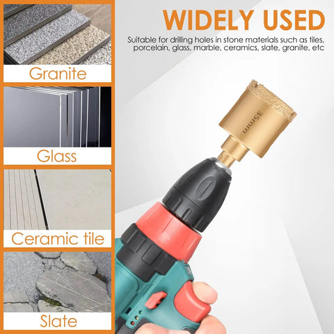 Hefty 12 Piece Diamond Hole Saw Kit With Full Drill Bit Set Designed For Smoothly Drilling Ceramic Tile Glass And Brick Tough Core Bits That Are Totally Legit And Deliver Serious Bang For Your Buck showing diamond core bit on drill.