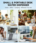 5 Gallon Desktop Water Dispenser With Portable Pump Countertop Electric Water Pump For Home Office Desk And Outdoor Use USB C Fast Charging Compact Cool White in various settings including home and office.