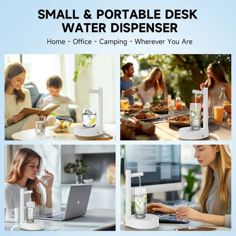 5 Gallon Desktop Water Dispenser With Portable Pump Countertop Electric Water Pump For Home Office Desk And Outdoor Use USB C Fast Charging Compact Cool White in various settings including home and office.