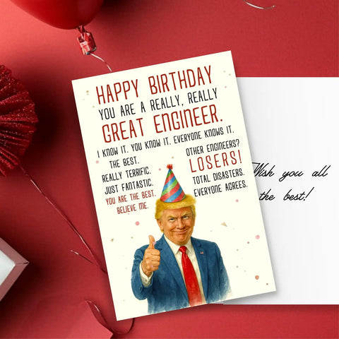Funny Engineer Birthday Card For Men with humorous message and illustration, 5x8 inch, premium card stock with red envelope