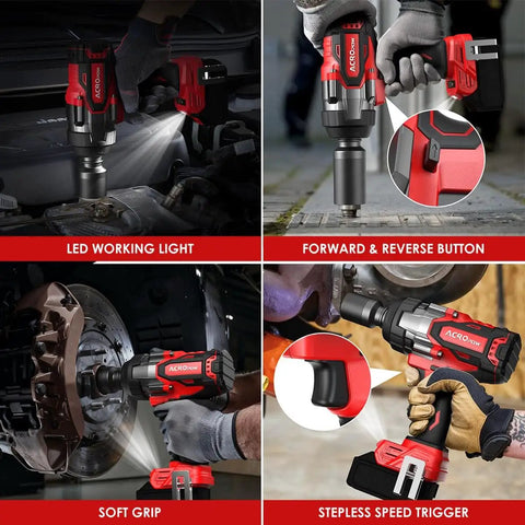 Collage of a cordless three-quarter inch beefy torque impact wrench for Milwaukee 18V batteries in use on brake discs.