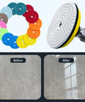 4 Inch Diamond Wet Polishing Pads Kit With Backer Pad 50 To 6000 Grit showing pad set, drill attachment, and before-after polish result