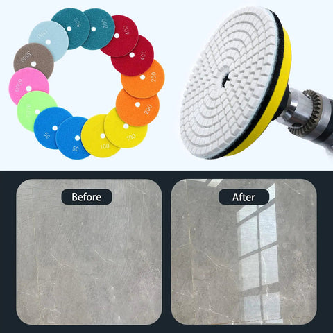 4 Inch Diamond Wet Polishing Pads Kit With Backer Pad 50 To 6000 Grit showing pad set, drill attachment, and before-after polish result