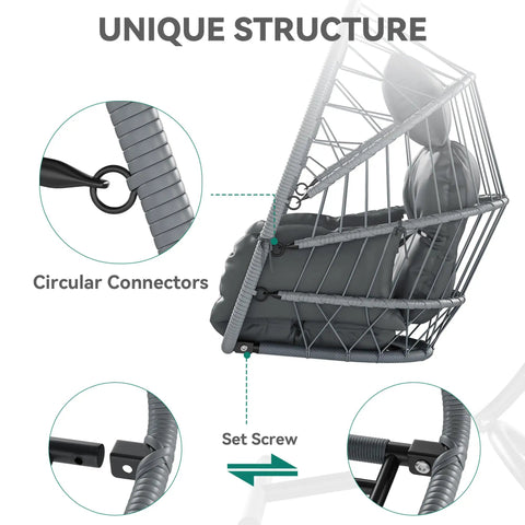 Close-up of the Hangin' Egg Chair With Stand, Wicker Rattan Swing Chair With 360 Degree Swivel, Cushions, heavy-duty iron construction.