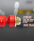 Beefed-Up Three Eighths Inch Universal Sway Bar End Link Repair Kit For A Pair Of Links Includes Code Red Grommets Washers And Nuts Fully Restores Bushings Made In USA For Reliable Suspension Performance. red sway bar bushing with yellow zinc plated washer and nut
