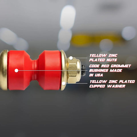 Beefed-Up Three Eighths Inch Universal Sway Bar End Link Repair Kit For A Pair Of Links Includes Code Red Grommets Washers And Nuts Fully Restores Bushings Made In USA For Reliable Suspension Performance. red sway bar bushing with yellow zinc plated washer and nut