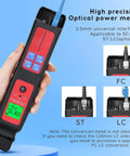 Hand holding Live Fiber Optic Identifier with OPM and 5-in-1 function, showing 2.5mm interface for RJ45 network testing, SC/FC/ST/LC compatible