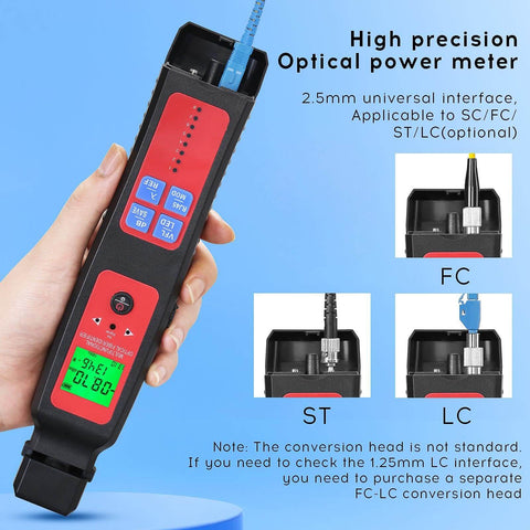 Hand holding Live Fiber Optic Identifier with OPM and 5-in-1 function, showing 2.5mm interface for RJ45 network testing, SC/FC/ST/LC compatible