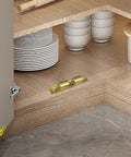Adjustable Roller Ball Door Catch For Cabinets, Closets, And Wardrobes on a wooden shelf next to plates, brass finish